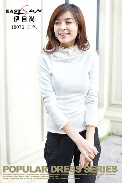 伊自尚时尚秋装新款韩版女装长袖高领蕾丝花边打底衫