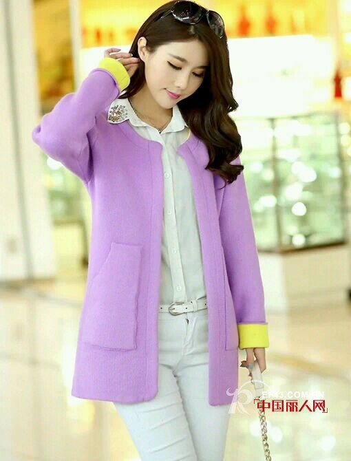 韩版春装搭配 紫色外套马海毛开衫流行看点