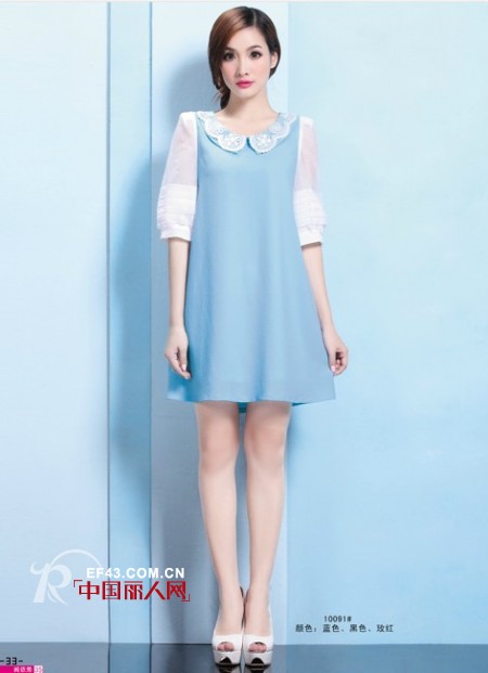 空调衫什么款式的好 蓝白撞色娃娃领雪纺裙淑女文艺