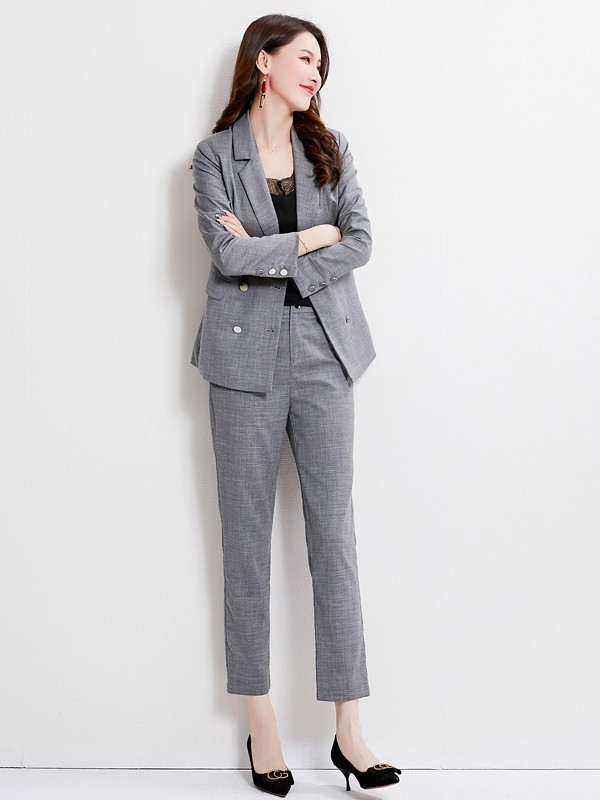  拉娜菲品牌女装2023春夏季新款灰色西服小套装