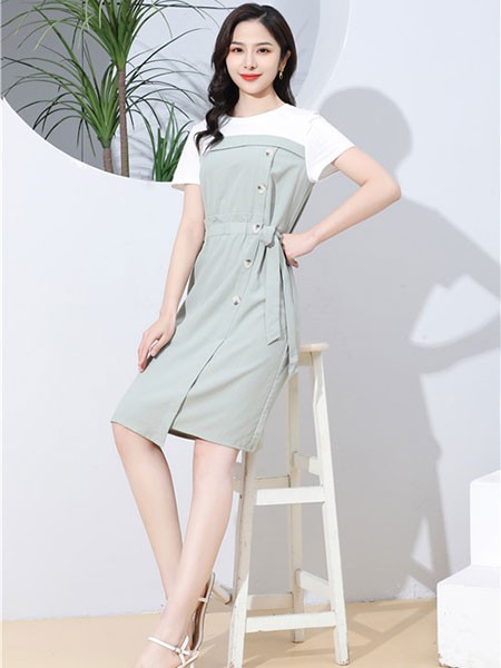 梵凯品牌女装2022秋季新款绿+白连衣裙