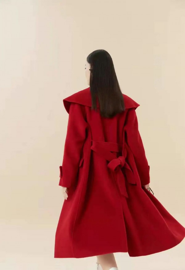 LWEST女装品牌初春新款红色短款大衣酒红色大衣