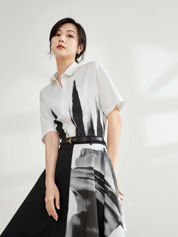  NAWain品牌女装2022春夏季新款黑白衬衫裙
