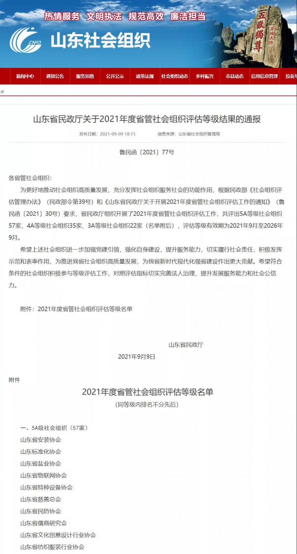 热烈祝贺！山东省纺织服装行业协会获评5A级省管社会组织