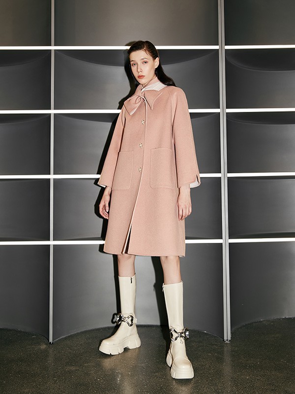点占女装品牌2022年秋季新款粉色羊绒呢子大衣