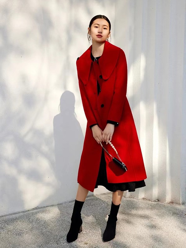 艾蜜唯娅品牌女装2022年秋季新款红色长款呢子大衣