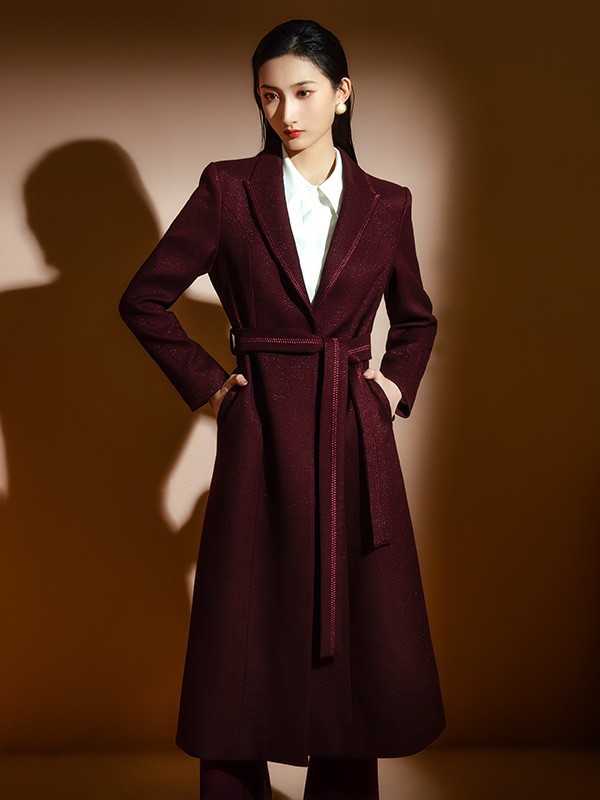 莎斯莱思品牌女装2023年春夏新款长款暗红色西服大衣