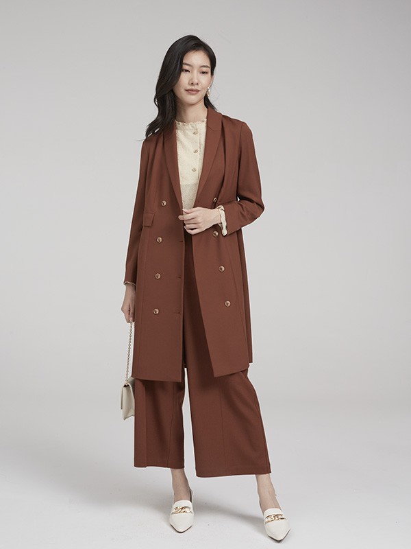 TITI品牌女装2023年春夏新款棕色长款西服大衣套装