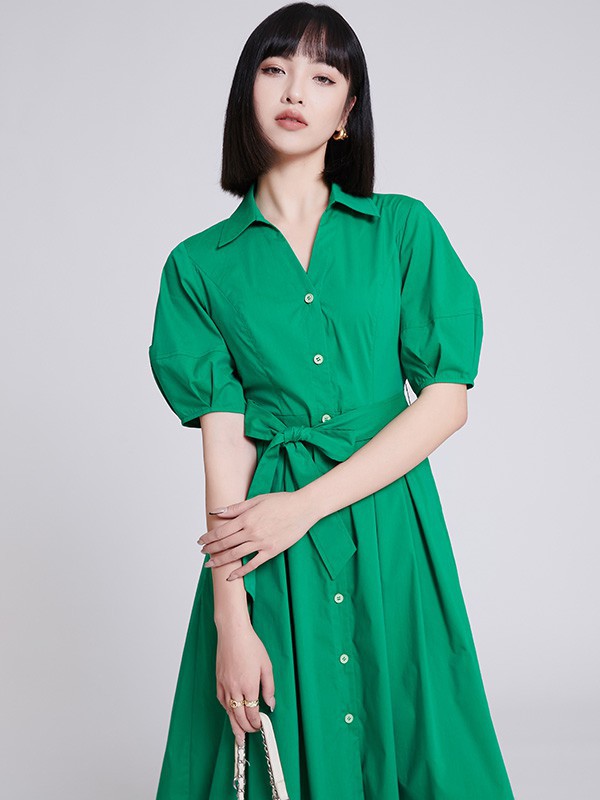 法尔莎品牌女装2022春夏季新款绿色衬衫裙