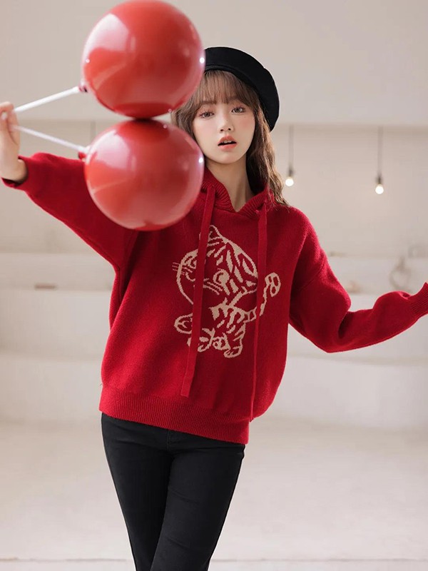雪歌品牌女装2022春夏季新款红色印花针织卫衣