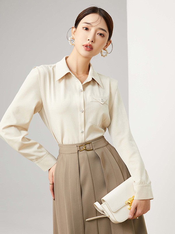 INSUN品牌女装2022春夏季新款米黄色衬衫