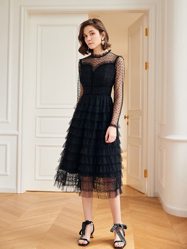 欧点品牌女装2022春夏季新款黑色网纱连衣裙