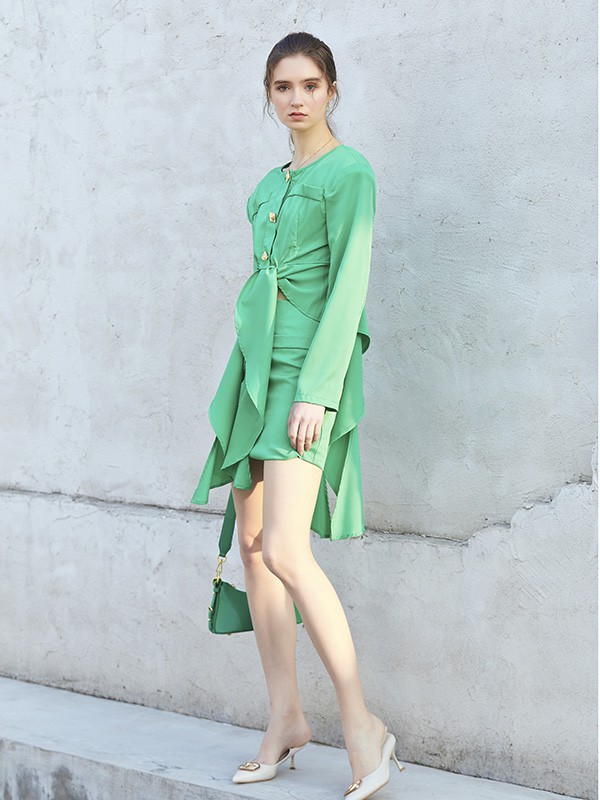 TOUCH品牌女装夏季新款绿色分式裙