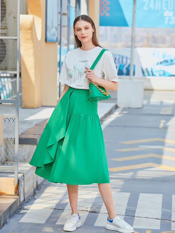 水淼品牌女装2022春夏季新款绿色半身裙
