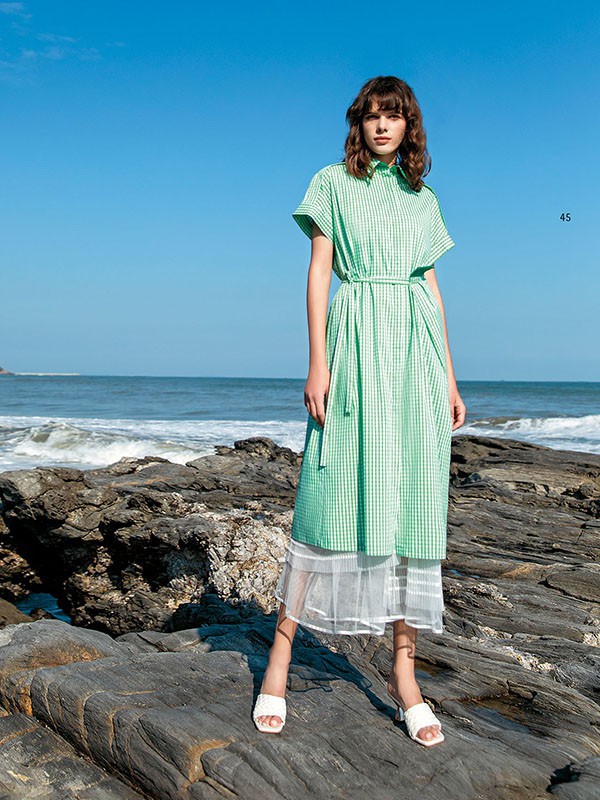 洛可可品牌女装2022春夏季节新款绿色格纹拼接长裙