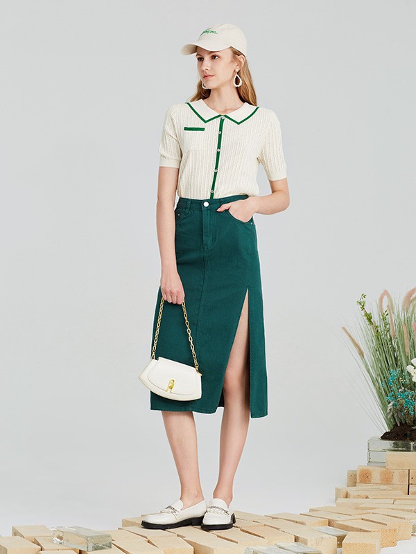欧碧倩品牌女装2022春夏季新款绿色半身裙套装