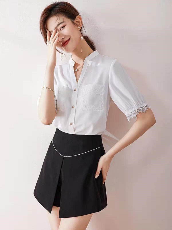 HPLY品牌女装2023春夏季新款白色蕾丝衬衫