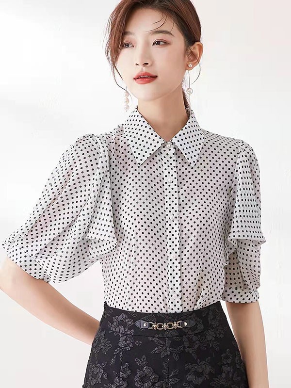 HPLY品牌女装2023春夏季新款白色波点衬衫