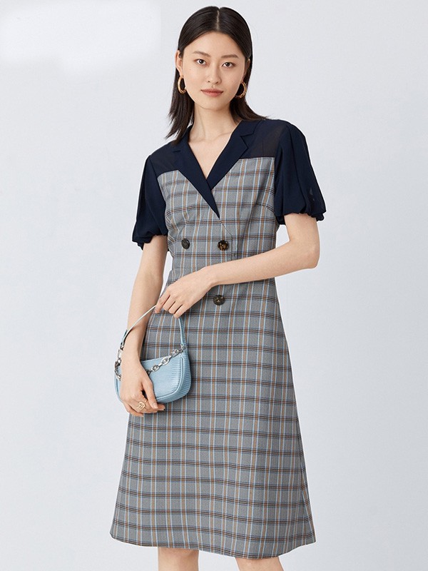  YINER品牌女装2022春夏季新款轻薄的西装蓝色格子连衣裙