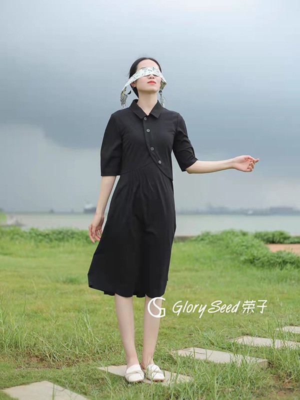 子苞米品牌女装2022夏季新款黑色衬衫连衣裙