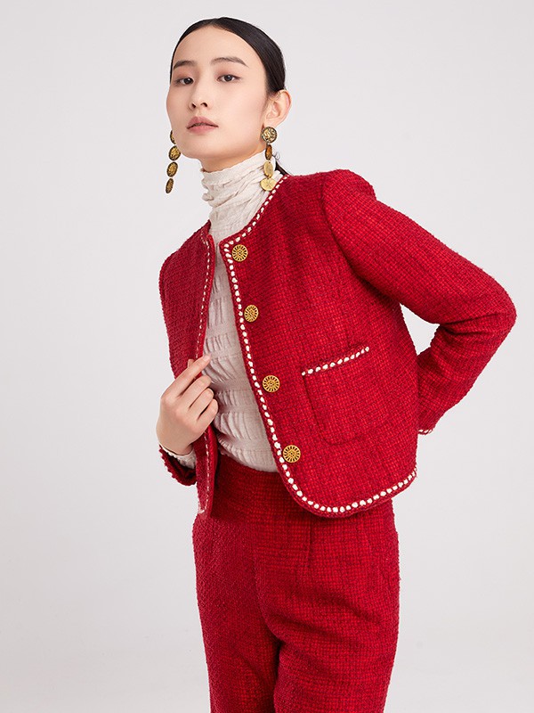 莎斯莱思品牌女装2023年春夏新款红色小香风套装