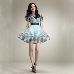 奥佐娅2011新款新韩版时尚50D定位圆点拉筒袖口精品雪纺短袖连衣裙A39525