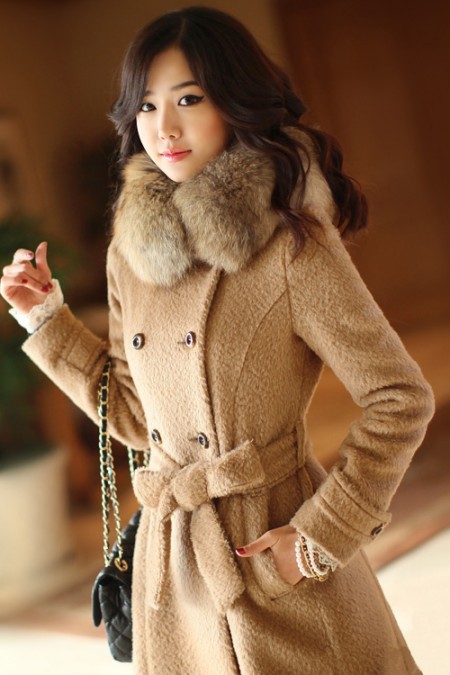 Szgood2012秋冬装韩国女装冬装新款时尚毛呢大衣带毛领外套（配貉子毛领）