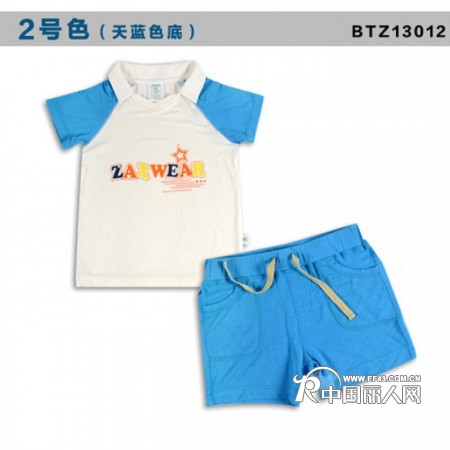 zaxwear2013新款012蓝色纯100%竹纤维男孩新时代领T恤运动套装夏季zaxwear童..