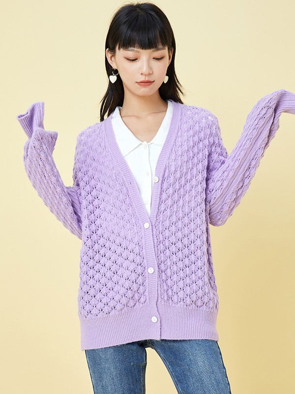 gcrues女装2020秋冬季紫色镂空针织衫