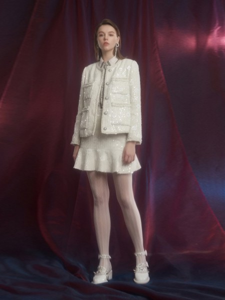 杰茜莱女装2020秋冬季白色亮片外套