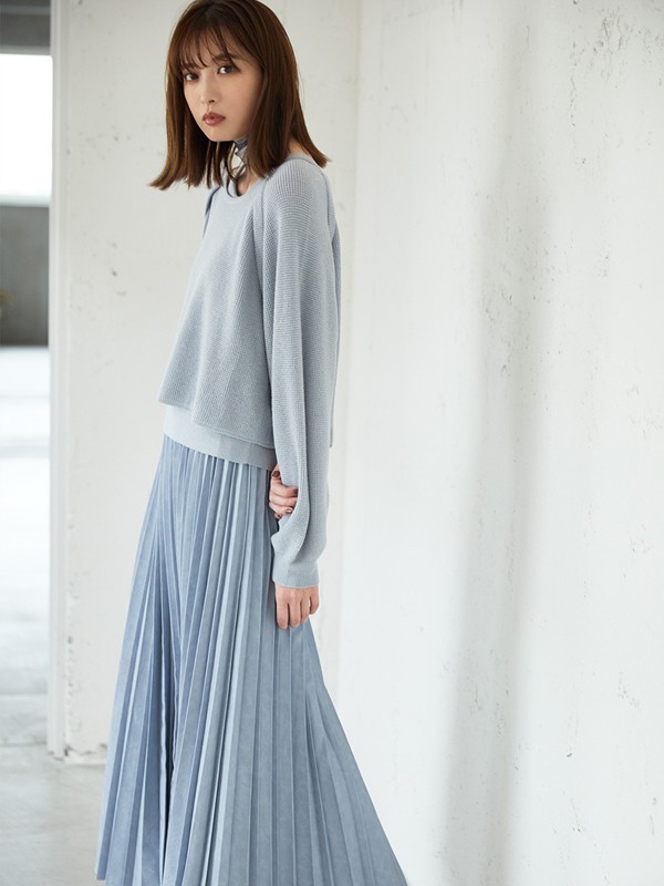 COCODEAL女装2020秋冬季蓝色纯色针织衫