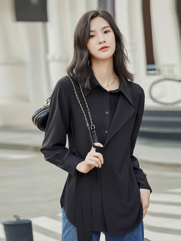米多立女装2020秋冬季黑色宽松衬衫