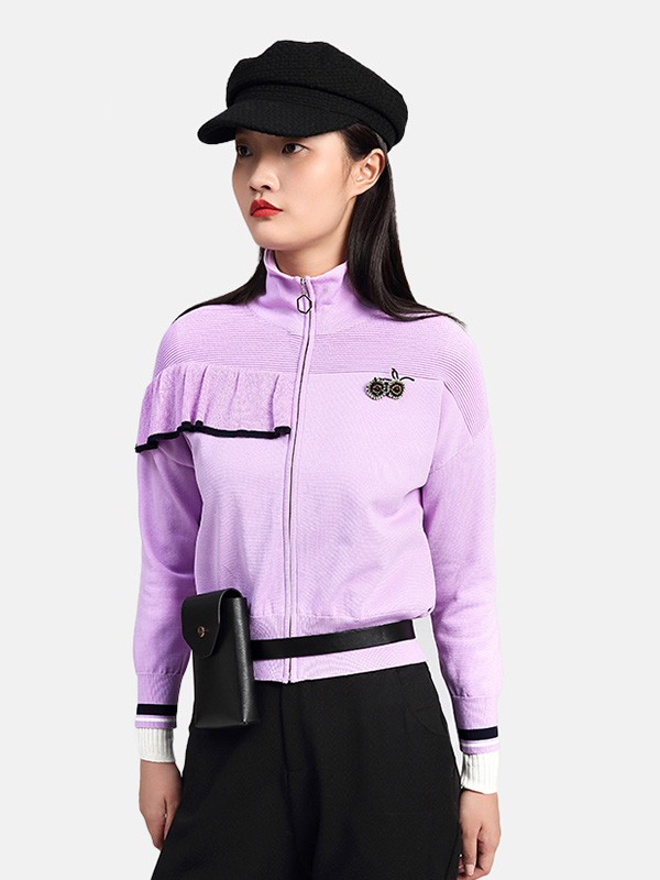 卡汶女装2020秋冬季紫色撞色外套