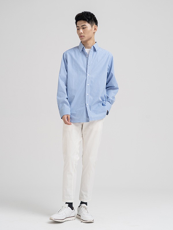 FACECITY男装2020秋冬季蓝色条纹衬衫