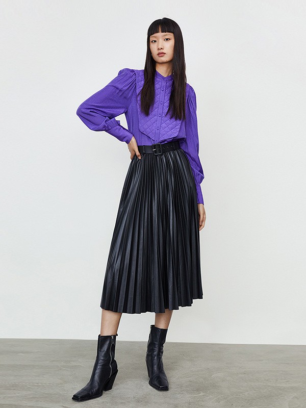 URBANREVIVO女装2020秋冬季紫色褶皱衬衫