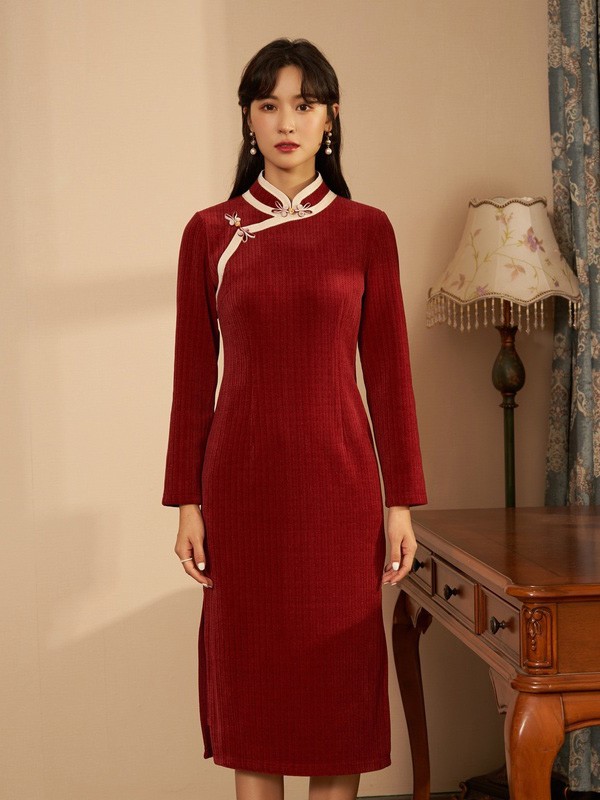固执女装2020秋冬季红色修身连衣裙