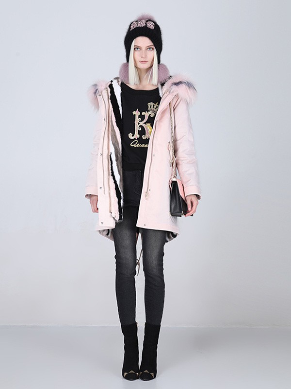 KODICE女装2020秋冬季粉色带毛领外套