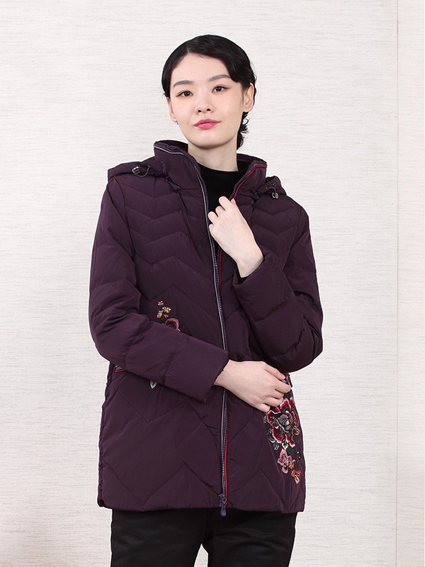 葵牌女装2020秋冬季紫色刺绣羽绒服