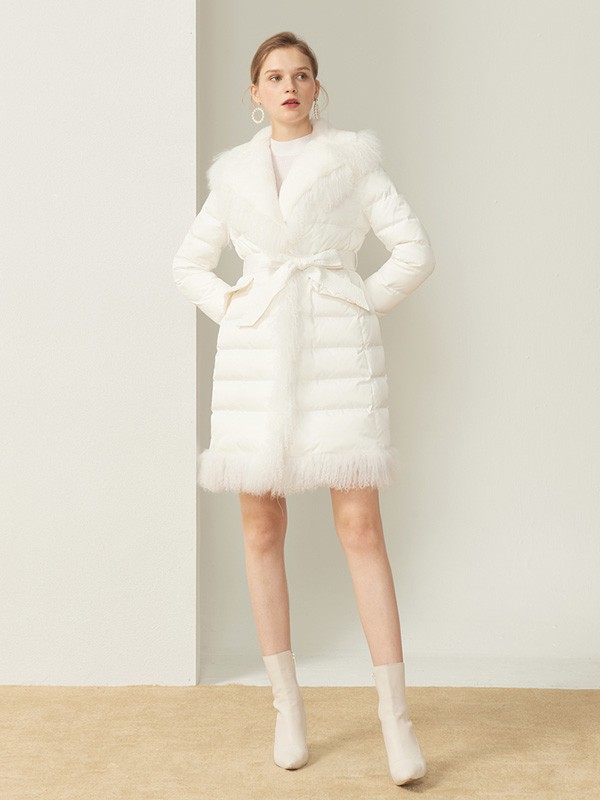 卡洛琳女装2020秋冬季白色带毛领羽绒服