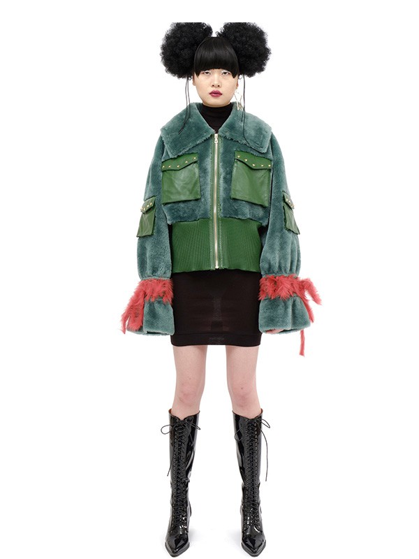 惠敏楠女装2020秋冬季绿色拼接外套