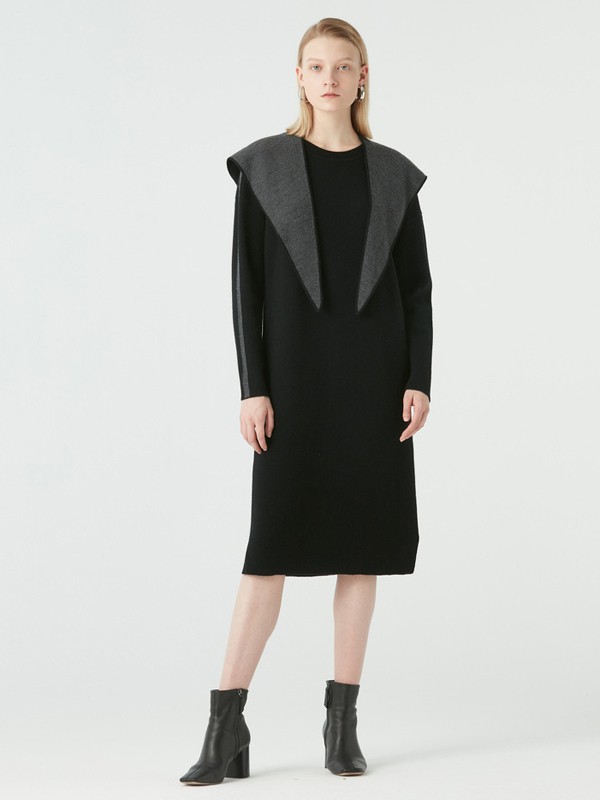 玛丝菲尔女装2020秋冬季黑色纯色针织裙
