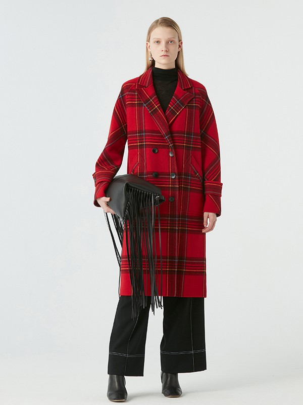玛丝菲尔女装2020秋冬季红色格子大衣