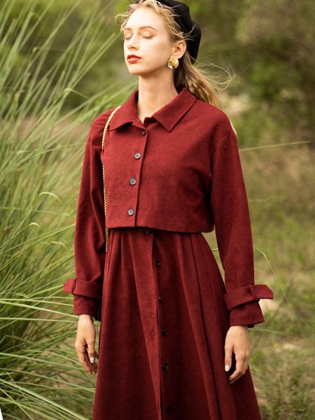 薇薇希女装2020秋冬季红色纯色连衣裙