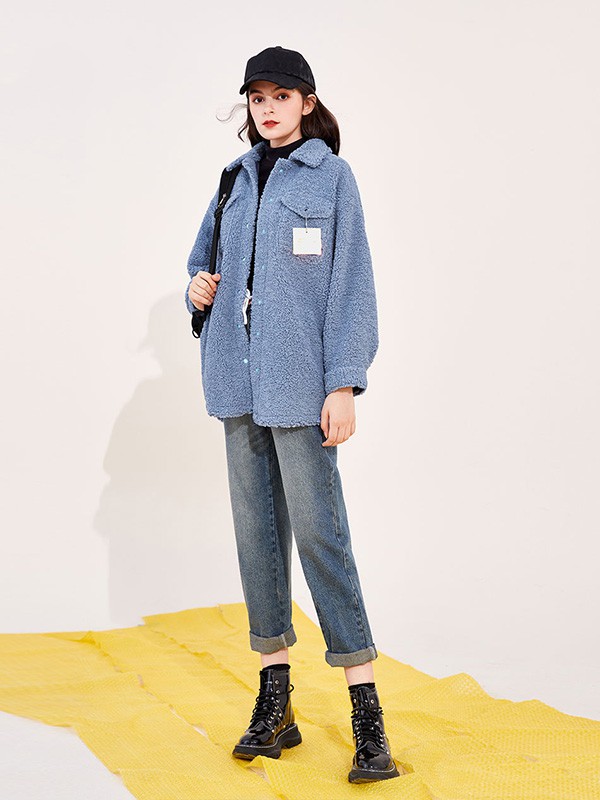 MaterialGirl女装2020秋冬季蓝色宽松衬衫