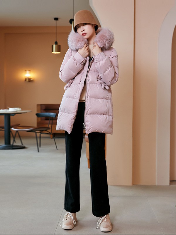 布卡慕尚女装2020秋冬季粉色带毛领羽绒服