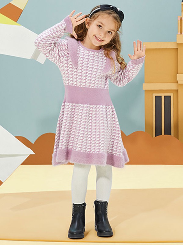 Kingkow童装2020秋冬季粉色图案针织裙