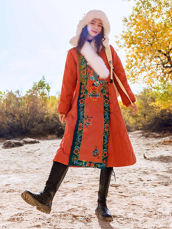 素萝女装2020秋冬季橙色带毛领羽绒服