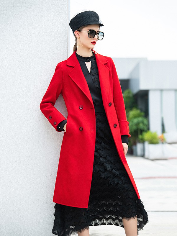 例格女装2020秋冬季红色纯色大衣
