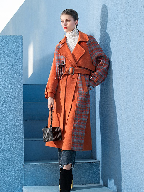 例格女装2020秋冬季橙色拼接大衣