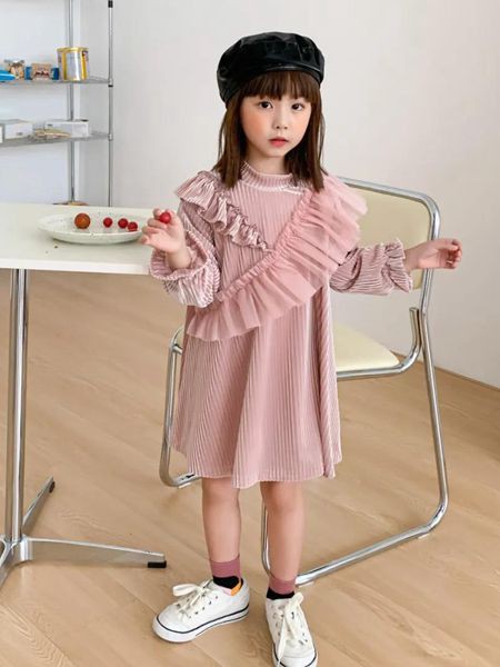法语2020秋冬季粉色褶皱连衣裙